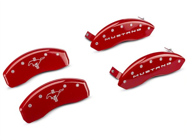 MGP Red Bremssattelabdeckungen mit Tri-Bar Pony Logo - vorne und hinten (15-21 Standard EB, V6) 10202SMB2RD